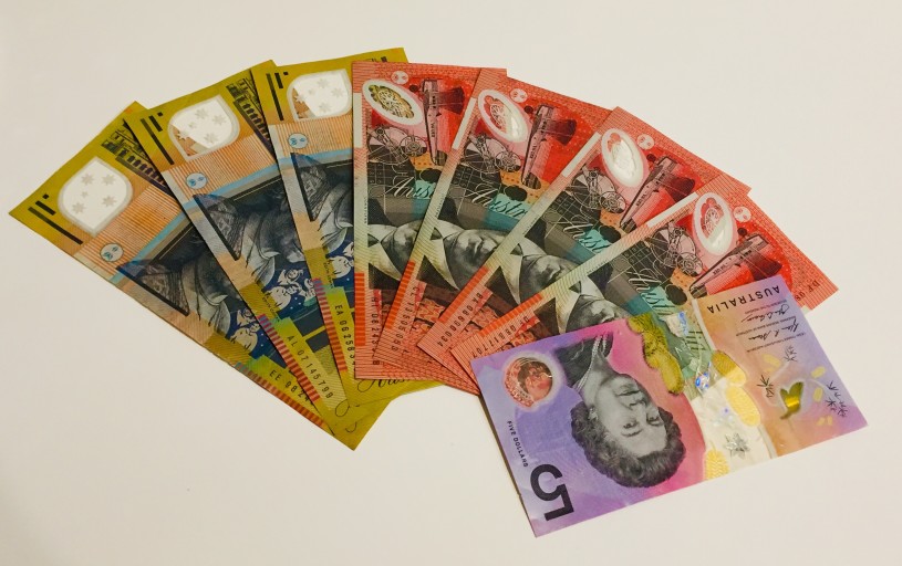 The smallest change in Australian currency is five cents. The money notes are made of plastic and grow in size as the value increases.
