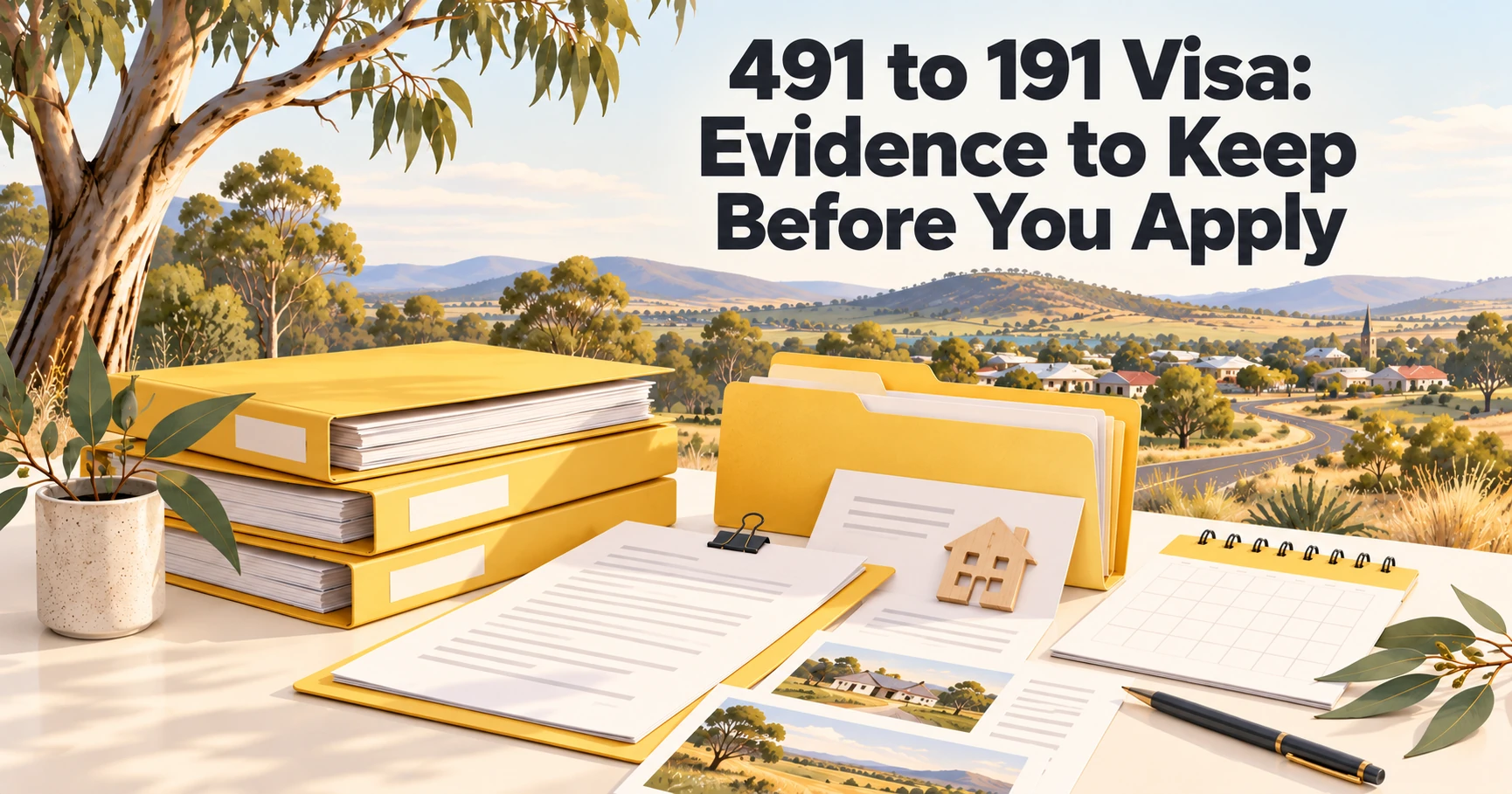 491 to 191 Visa: Evidence to Keep Before You Apply. Yellow folders and organised documents overlooking a regional Australian town.