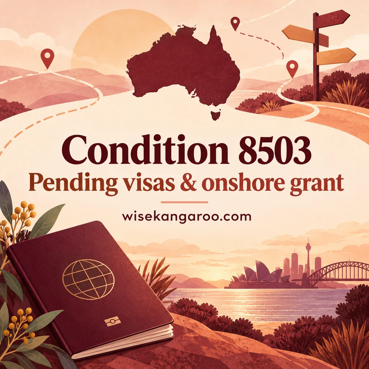 Generic passport, Australian outline and branching path around the title Condition 8503: pending visas and onshore grant.