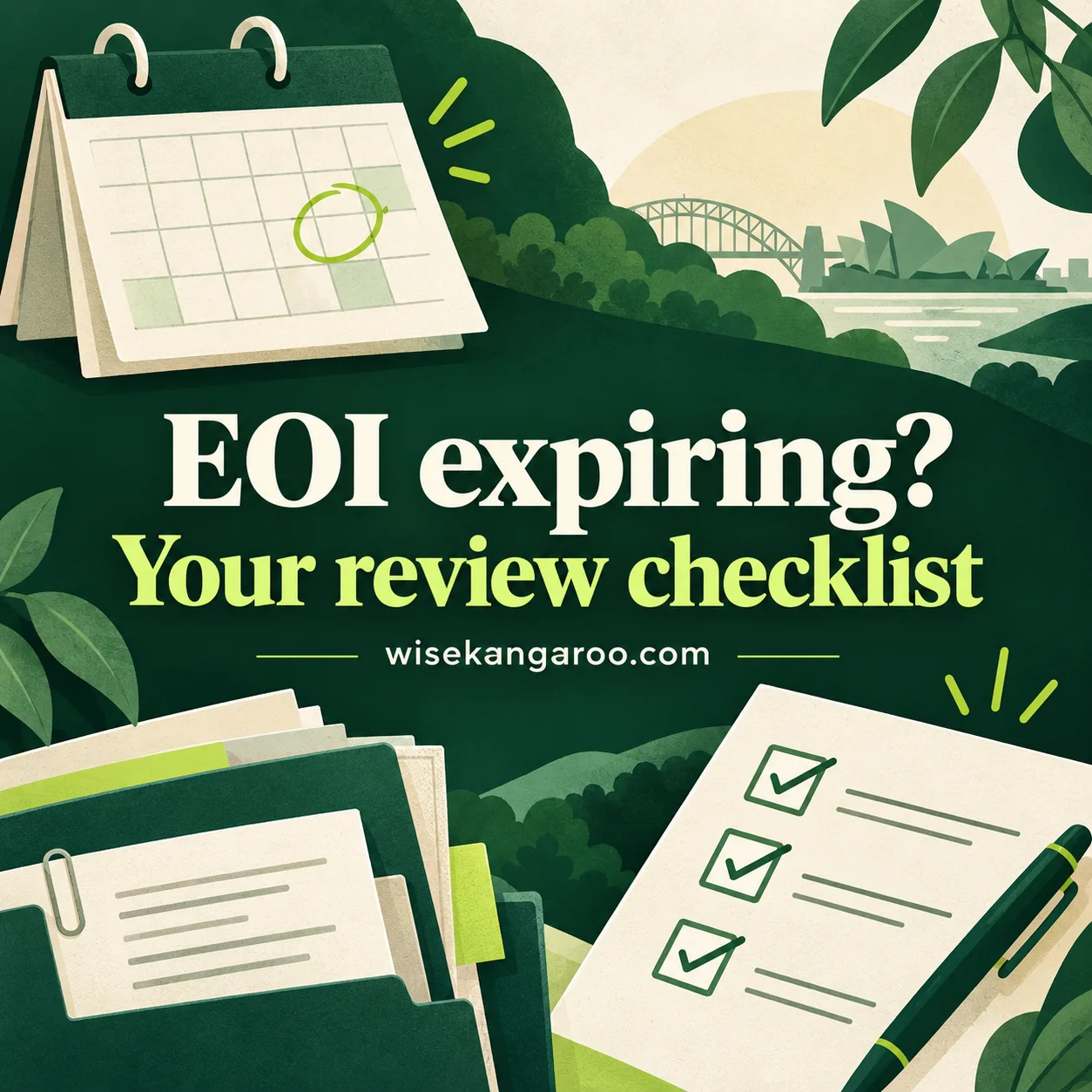 Calendar, evidence folders and checklist with the title EOI expiring? Your review checklist.