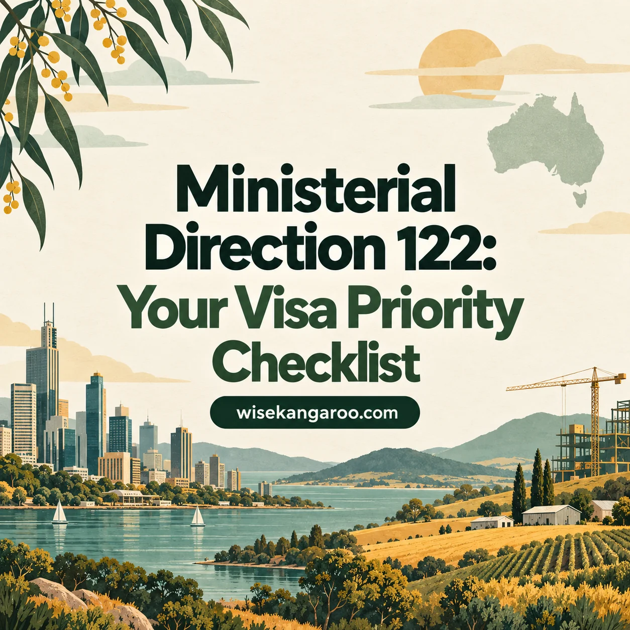 Ministerial Direction 122: Your Visa Priority Checklist, with an illustrated Australian landscape and wisekangaroo.com branding