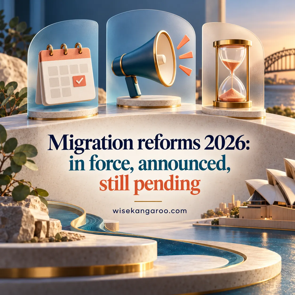Editorial three-dimensional calendar, announcement and waiting symbols illustrate the different stages of migration reform.
