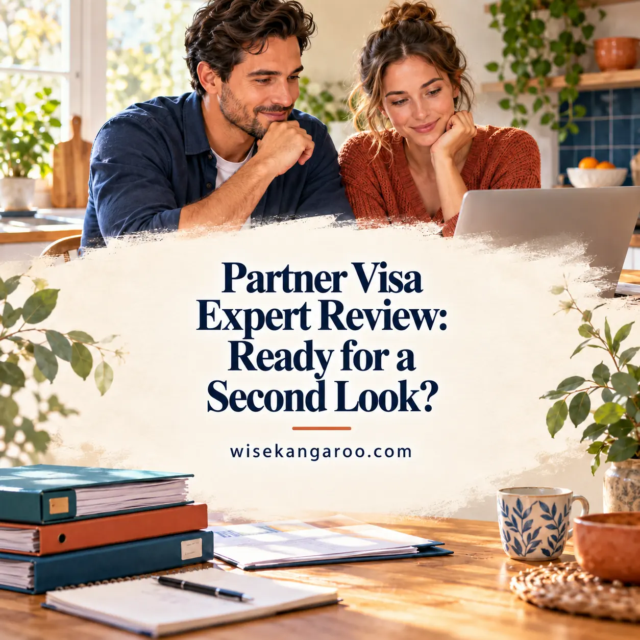 Illustrative couple organising their prepared application at a home table, with the article title and WiseKangaroo branding.