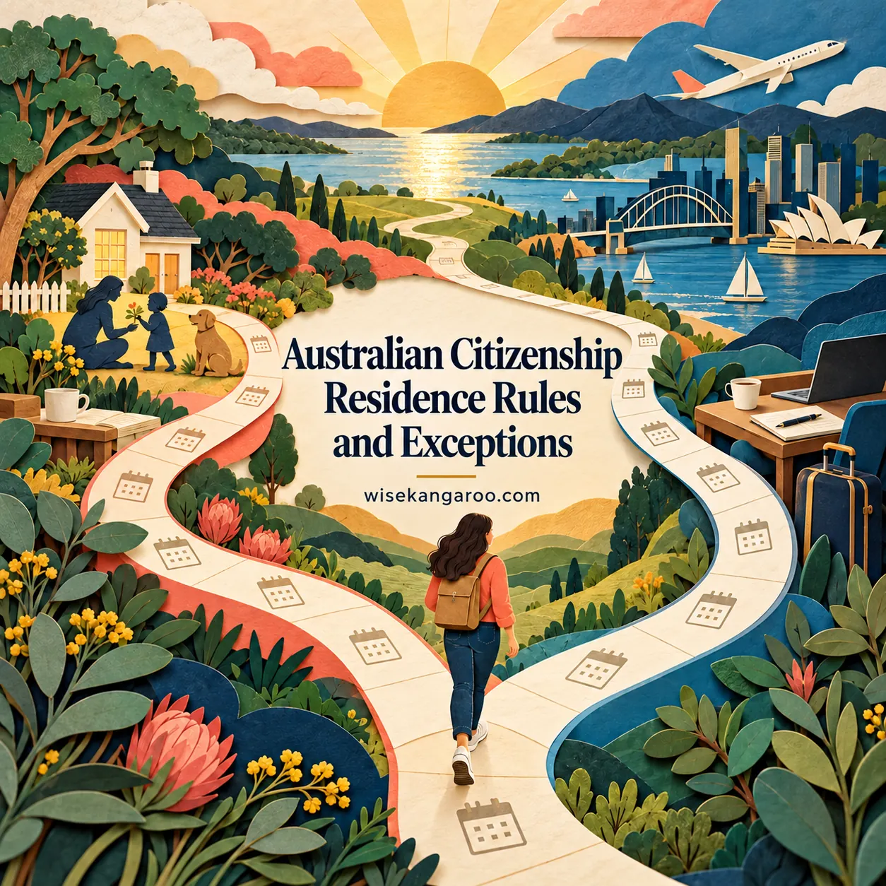 Illustrated calendar paths connect home, family and overseas work around a person considering citizenship residence.