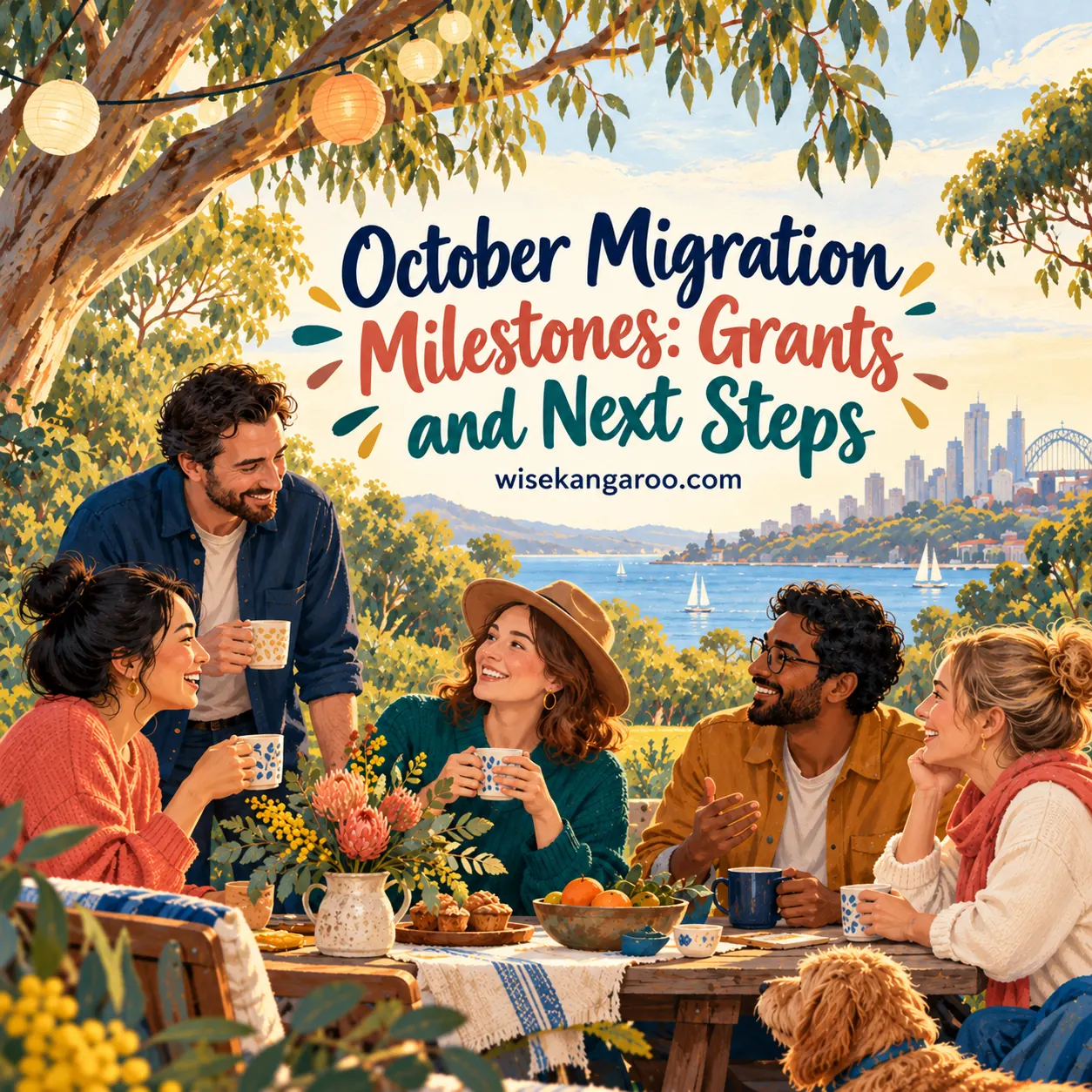 Generic painted community gathering in a leafy park; the illustration does not depict clients or recipients.