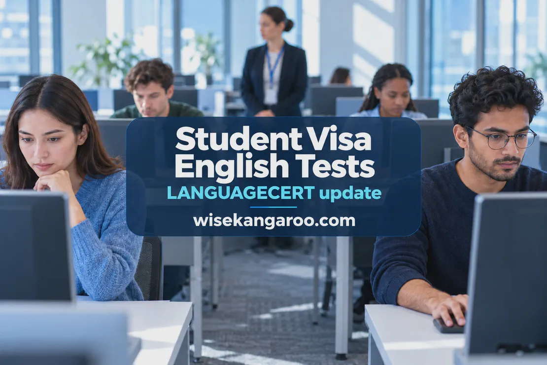 Students sitting computer-delivered English tests at a supervised test centre, with LANGUAGECERT update and wisekangaroo.com text