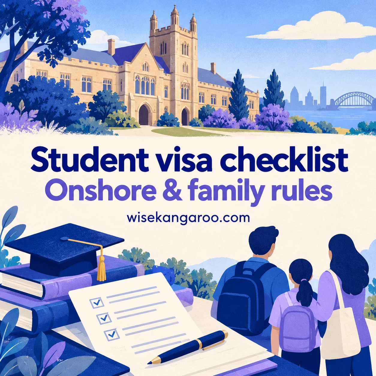 University, enrolment documents and abstract family silhouettes with the title Student visa checklist: onshore and family rules.
