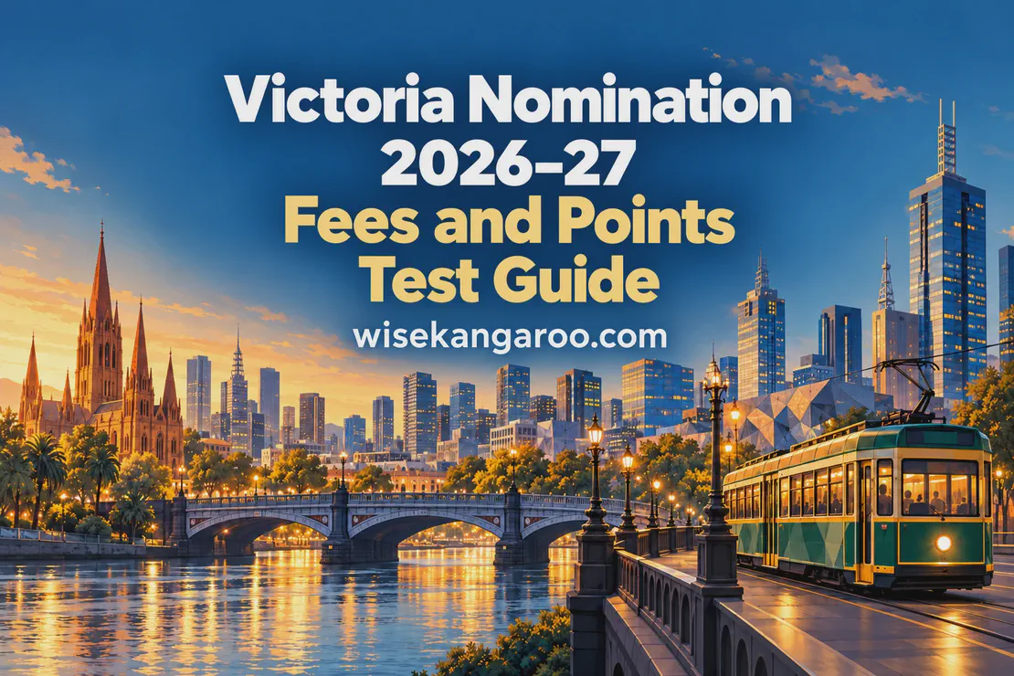 Melbourne skyline and tram with Victoria Nomination 2026–27: Fees and Points Test Guide and wisekangaroo.com text